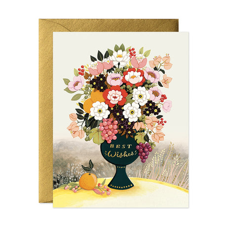 Best Wishes greeting card floral vase with grapes peonies and oranges