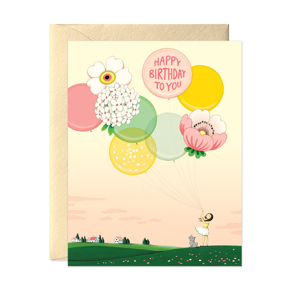 Girl and dog flying giant balloons and kites birthday greeting card by JooJoo Paper
