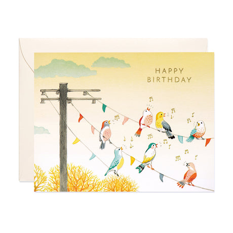 Singing Birds sitting on electricity Post Happy Birthday Greeting Card