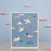 Flying Birds Blue Happy Birthday Card