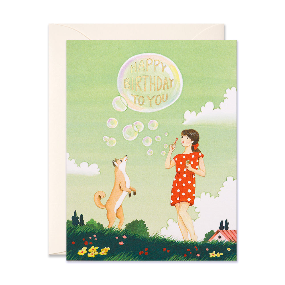 Girl making bubbles with a Shiba Inu dog Happy Birthday Greeting Card