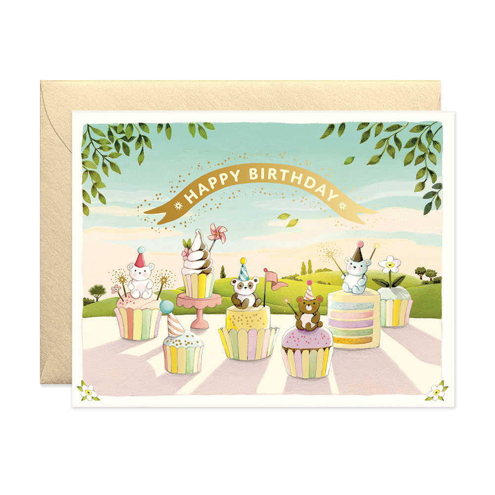 Little fondant bears on cupcakes birthday greeting card by JooJoo Paper