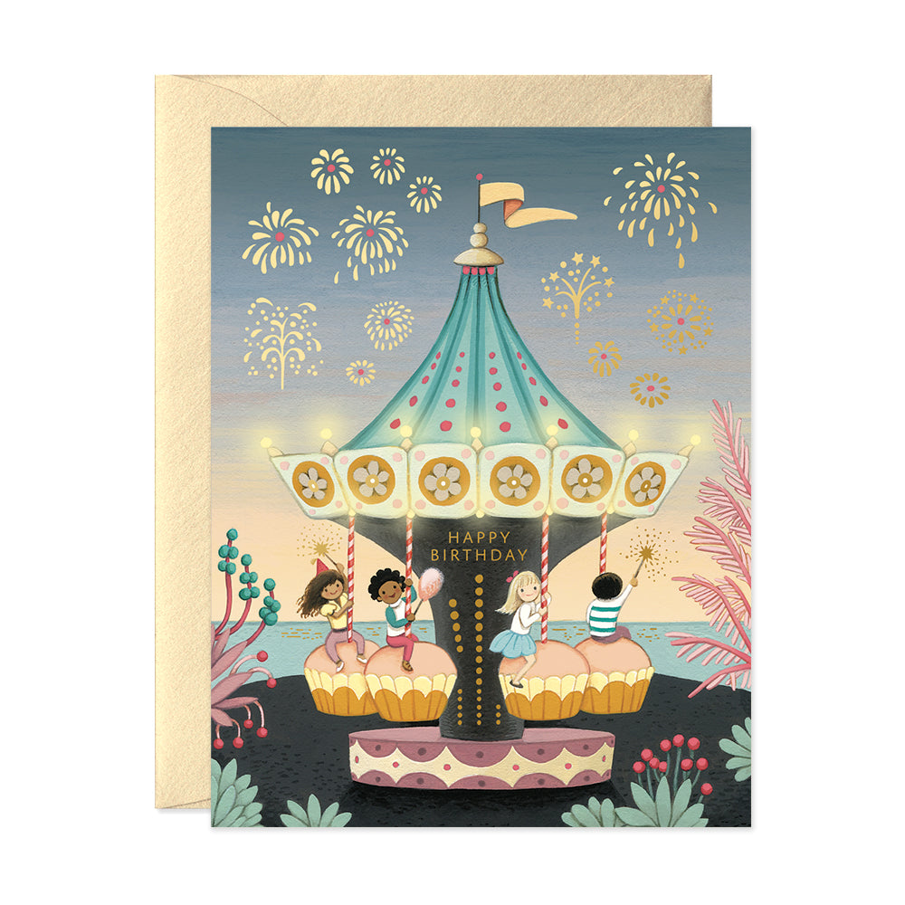 Kids Playing on cupcake carousel hand illustrated birthday greeting card 