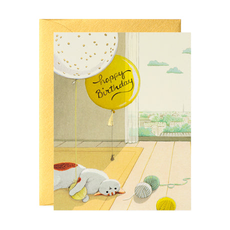 Cat Playing with Yarn and Balloons Birthday Greeting Card by JooJoo Paper
