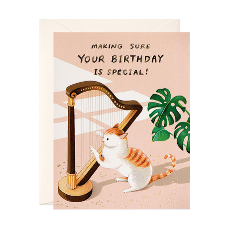 Cat playing Harp cute and funny birthday greeting card
