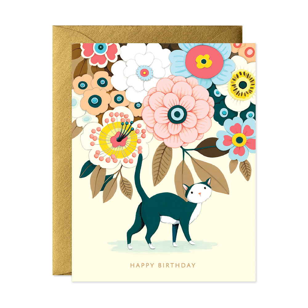 Cute cat and flowers neon birthday greeting card for cat lovers