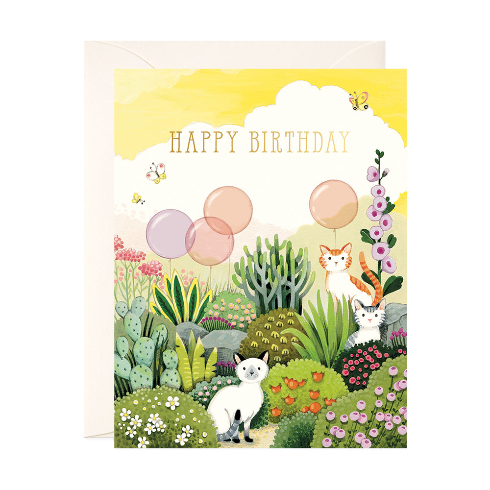 Cats and balloons in cactus garden Hand-painted Happy Birthday Greeting Card