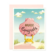 Yellow crab holding a giant pink shell huge congrats greeting card by JooJoo Paper