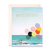 Dog running on beach splashing water carrying balloons birthday greeting cards