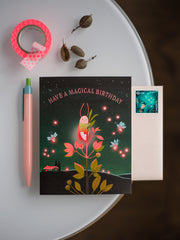 Hand Painted Gouache Firefly magical Birthday greeting Card
