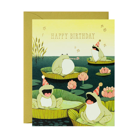 Singing Frogs Sitting on Lily Pads Birthday Greeting Card