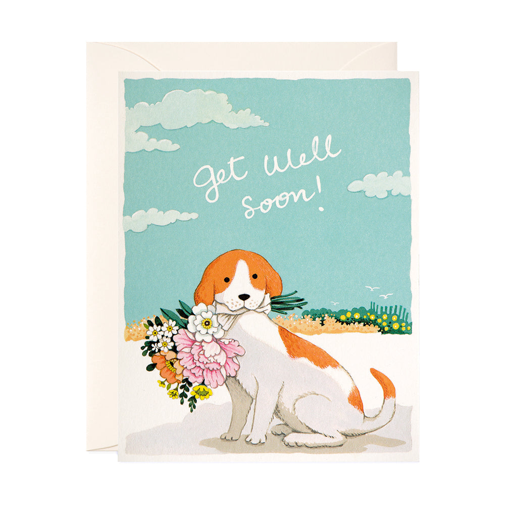 Get well soon Greeting Card a dog holding a bouquet by JooJoo Paper