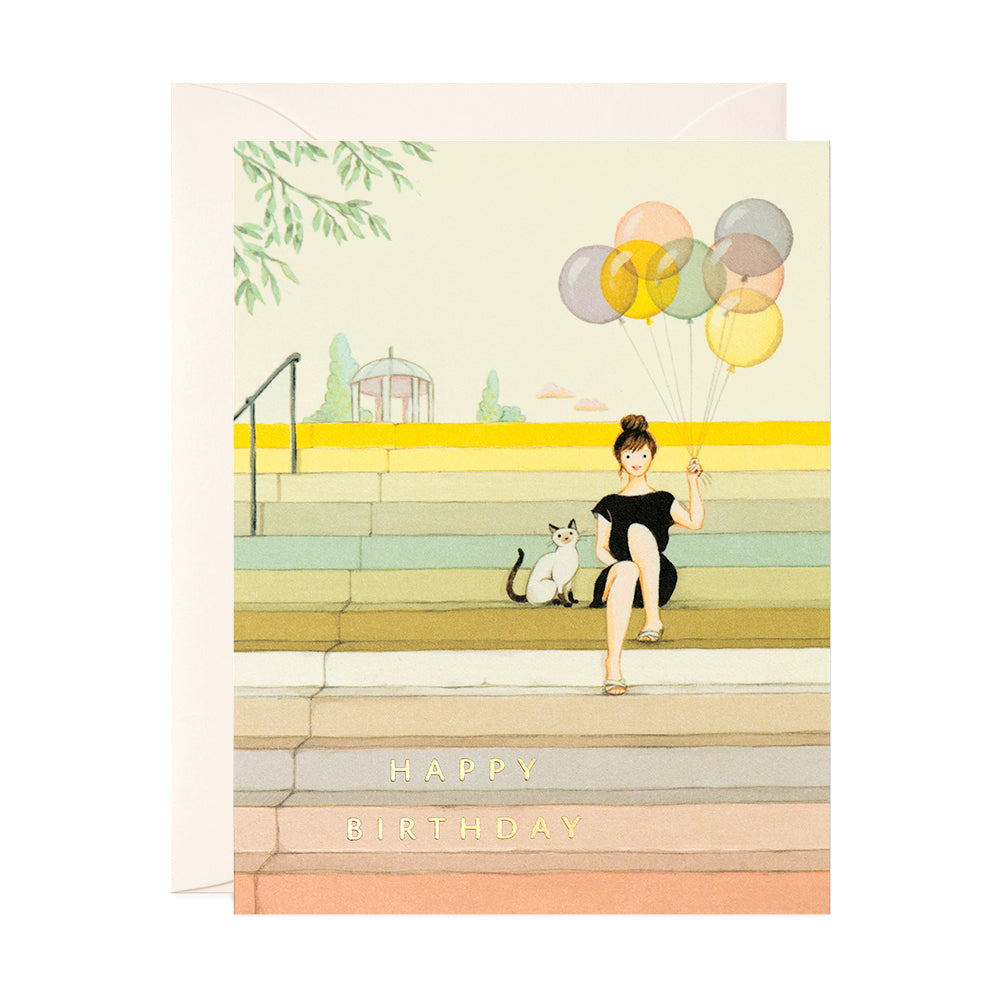 Girl on Colorful Stairs with Balloons and cat birthday Greeting Card