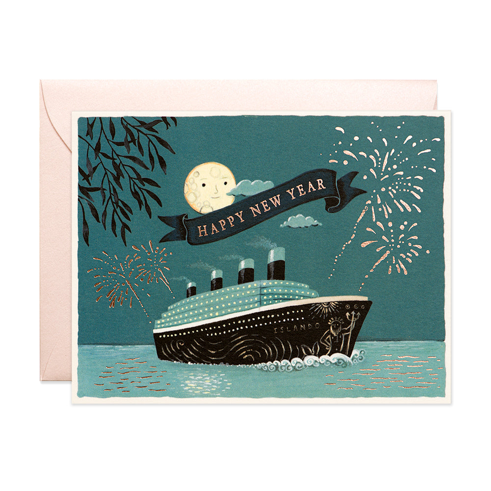 Happy New Year Cruise and Moon Greeting Card by JooJoo Paper