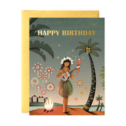 Hawaii woman playing the braguinha with red parrot birthday greeting card