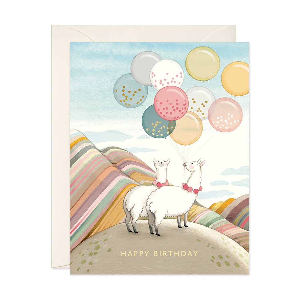Rainbow Mountain llamas with confetti balloons birthday greeting card