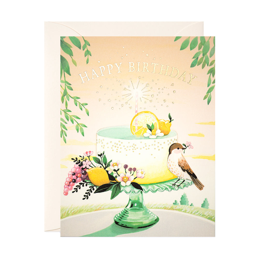 Bird sitting on a lemon cake hand painted birthday greeting card by JooJoo Paper