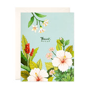 Light blue tropical floral Thank you greeting card with hibiscus by JooJoo Paper