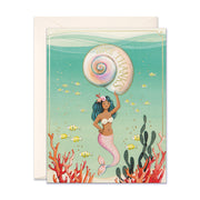 Mermaid holding a Huge shell hand illustrated thank you greeting card by JooJoo Paper