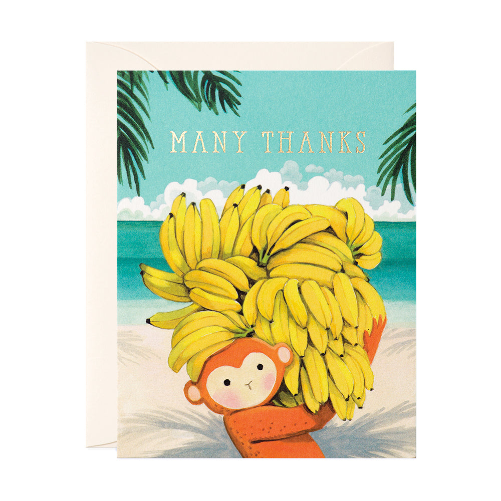 Orange Monkey carrying many bananas cute hand painted thank you greeting card by JooJoo Paper