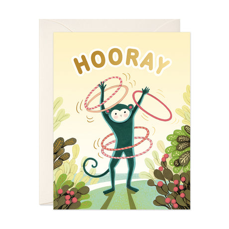 Monkey Playing with hula-hoops Hooray and congrats greeting card by JooJoo Paper 