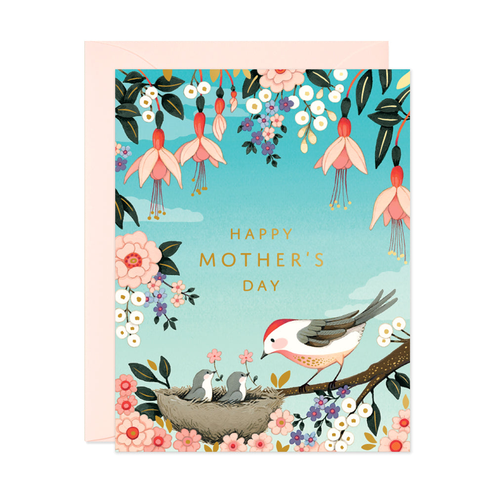 Happy Mother's Day Greeting Card showing two chicks in a nest and mama bird by JooJoo Paper