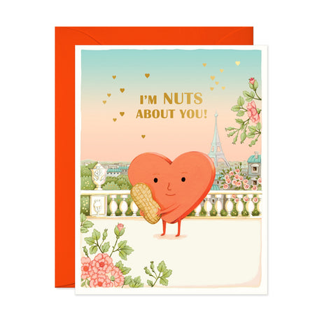 Heart holding a peanut in Paris Hand painted love and valentine greeting card I'm nuts about you