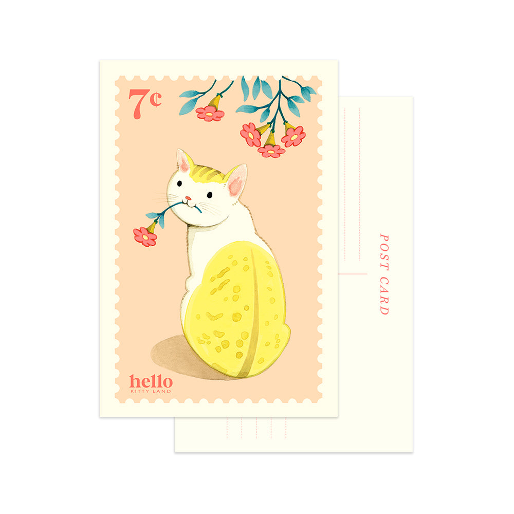Yellow Cat with a flower Hello Postcard for Post Crossing and snail mail lovers by JooJoo Paper