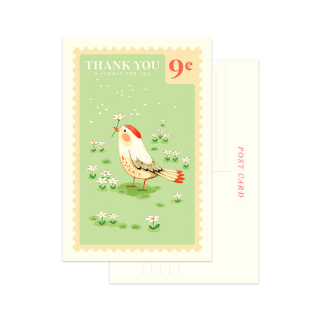 Thank you postcard hand-painted bird and flower by JooJoo Paper