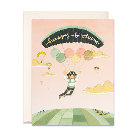 Paraglider in pink sky with transparent balloons birthday Greeting Card