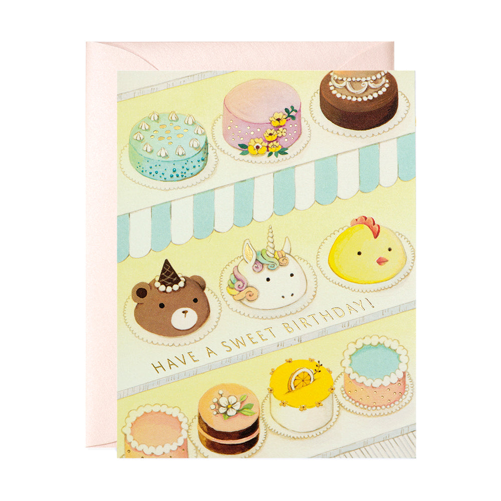 Pastry Shop Unicorn and Teddy Bear Cake Birthday Greeting Card by JooJoo Paper