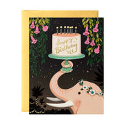Pink Elephant holding a cake at a starry night birthday greeting card