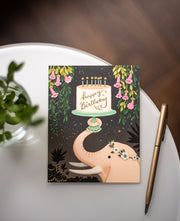 Pink Elephant  and pink and cake birthday greeting card by joojoo paper