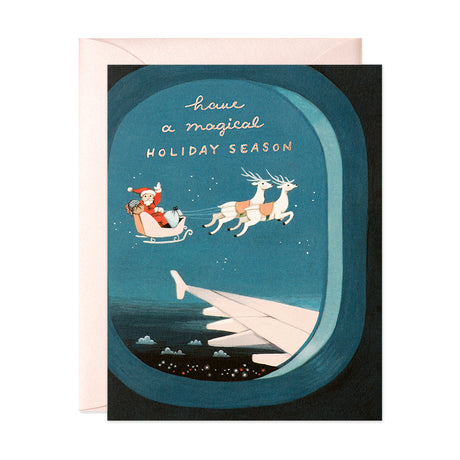 Santa and reindeers next to airplane window magical Holiday Season Greeting Card by JooJoo Paper