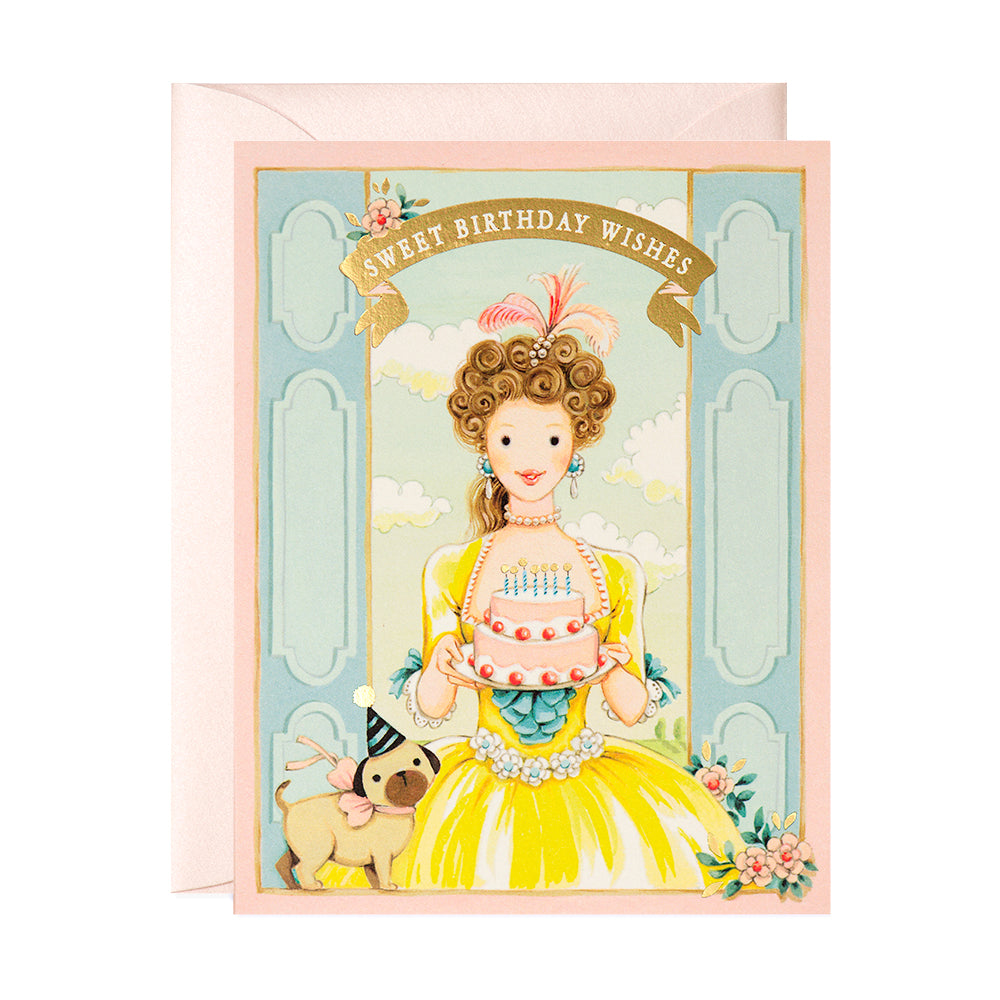 Marie Antoinette holding a Birthday Cake Princess Greeting Card by JooJoo Paper