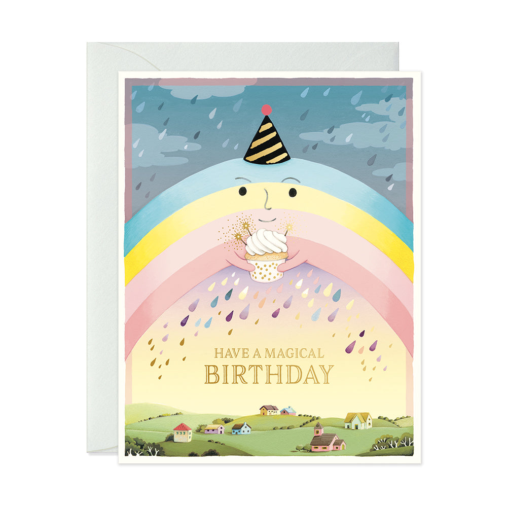 Cute rainbow holding a cupcake magical Birthday card for best friend