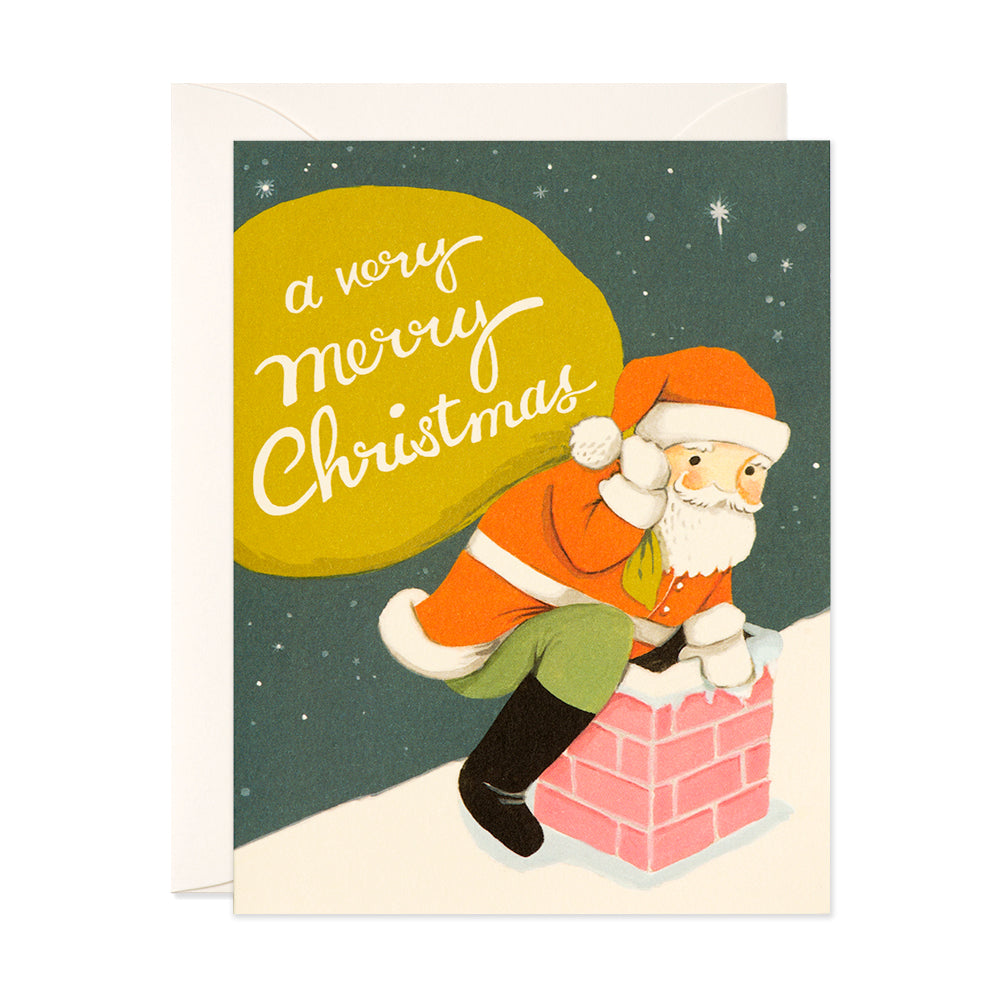 Santa with gifts on rooftop hand painted merry Christmas Greeting card by JooJoo Paper