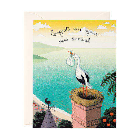 Stork in its nest delivering a baby sweet new baby greeting card by JooJoo Paper