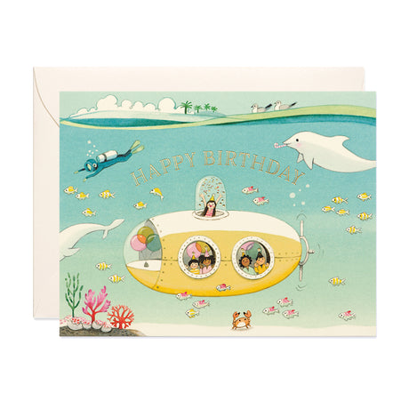 Kids celebrating with balloons and confetti inside a yellow submarine Birthday card