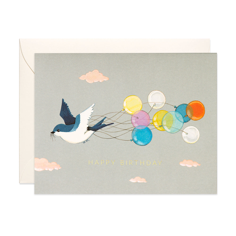 Swallow and Balloons Happy Birthday Greeting Card