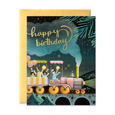 Kids in a train at night playing tambourine Birthday Greeting Card 
