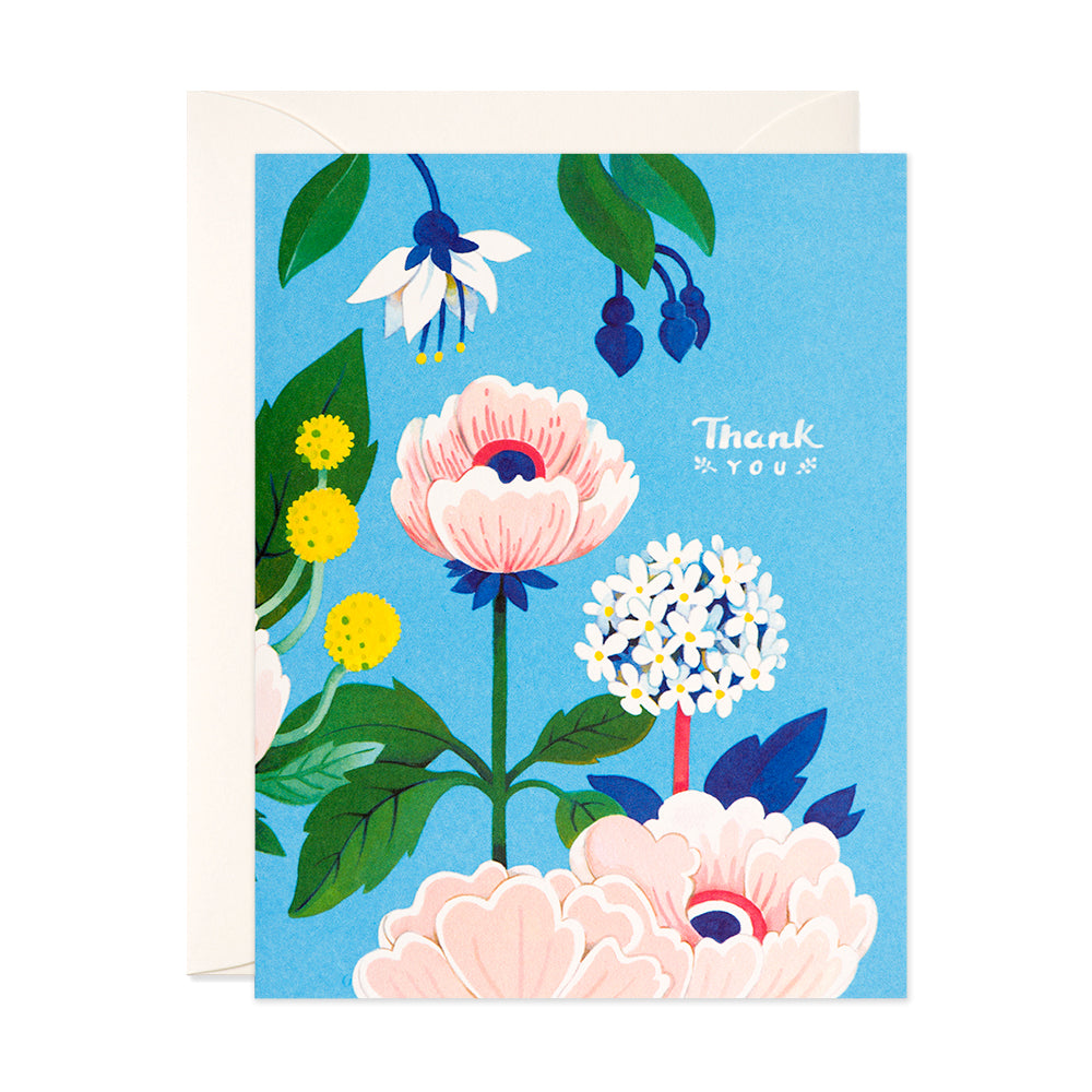 Blue Floral Thank you Greeting Card with Pink Flowers by JooJoo Paper