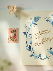 Crowned Birds on a wreath watercolor birthday greeting card by JooJoo Paper