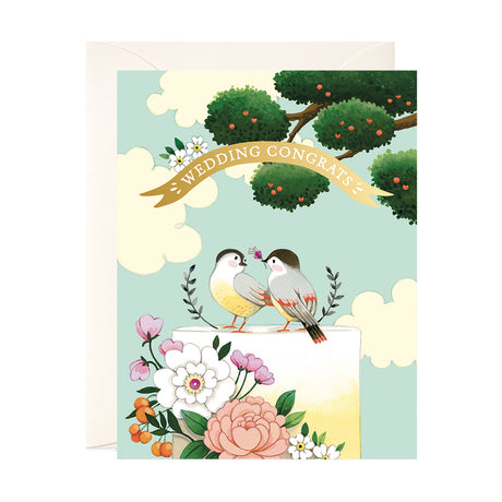 Two birds sitting on a wedding Cake hand painted Greeting card by JooJoo Paper