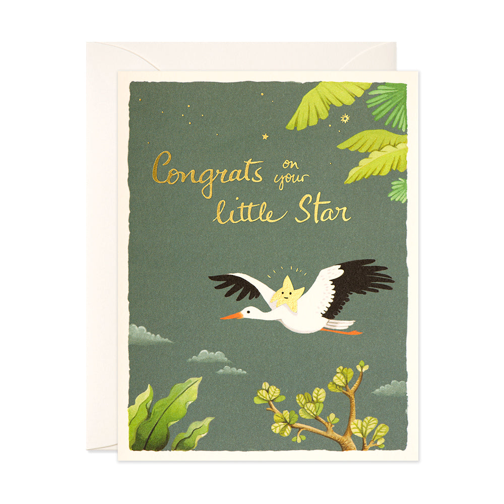Gold star sitting on stork baby greeting card by JooJoo Paper