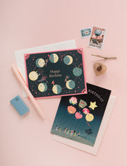 Moon and lanterns hand-painted neon greeting cards by JooJoo Paper