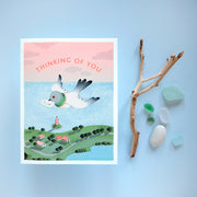 Bird delivering a message Thinking of you greeting card by JooJoo Paper