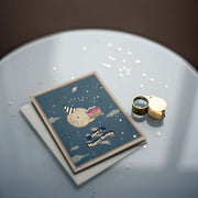 Moon wearing a party hat and holding a birthday cake vintage celestial Greeting Card by Afsaneh Tajvidi of JooJoo Paper
